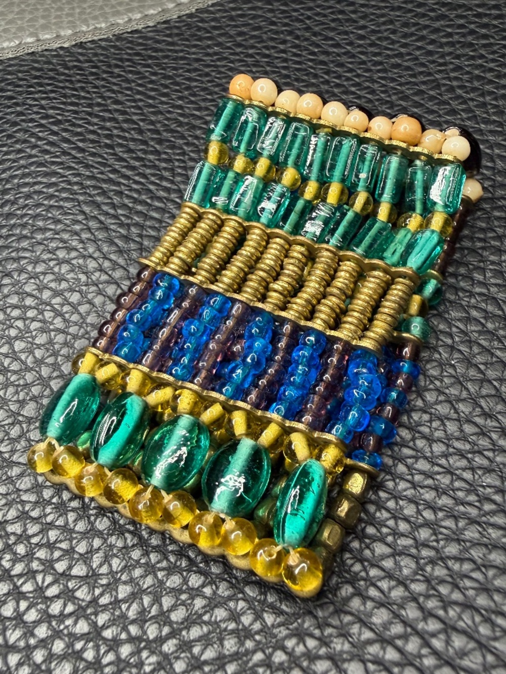 Vintage BOHO Colorful Green Blue Purple Gold Wide Glass Beaded Stretch Bracelet